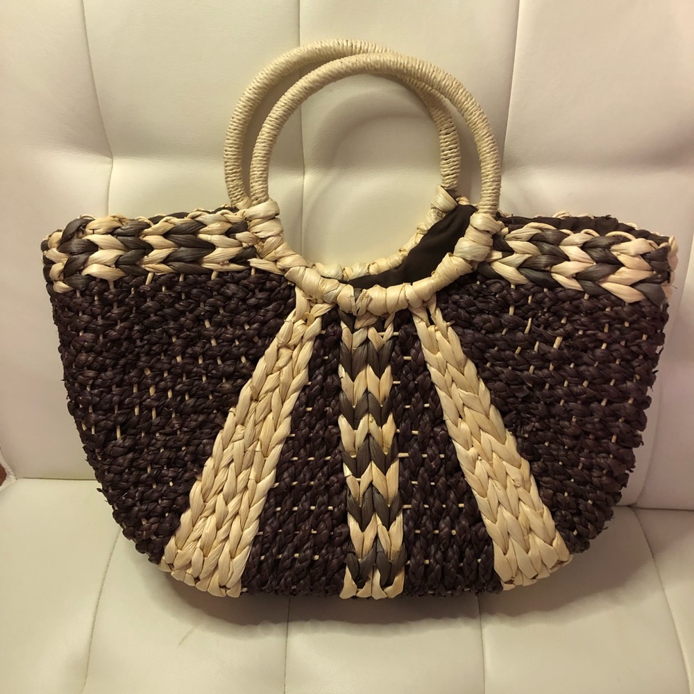 Abercrombie & Fitch Brown and Cream Woven Straw Tote